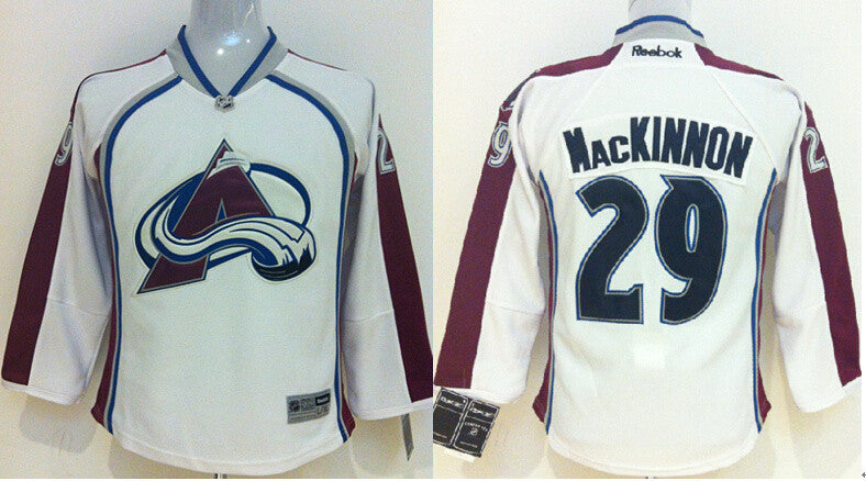 Avalanche 29 Mackinnon White Youth Hockey Jersey