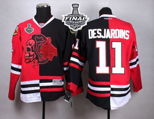 Blackhawks #11 Andrew Desjardins Red/Black Split Red Skull 2015 Stanley Cup Stitched Hockey Jersey