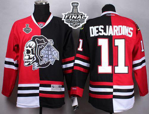 Blackhawks #11 Andrew Desjardins Red/Black Split White Skull 2015 Stanley Cup Stitched Hockey Jersey