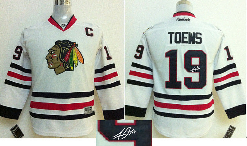 Blackhawks 19 Toews White Signature Edition Youth Hockey Jerseys