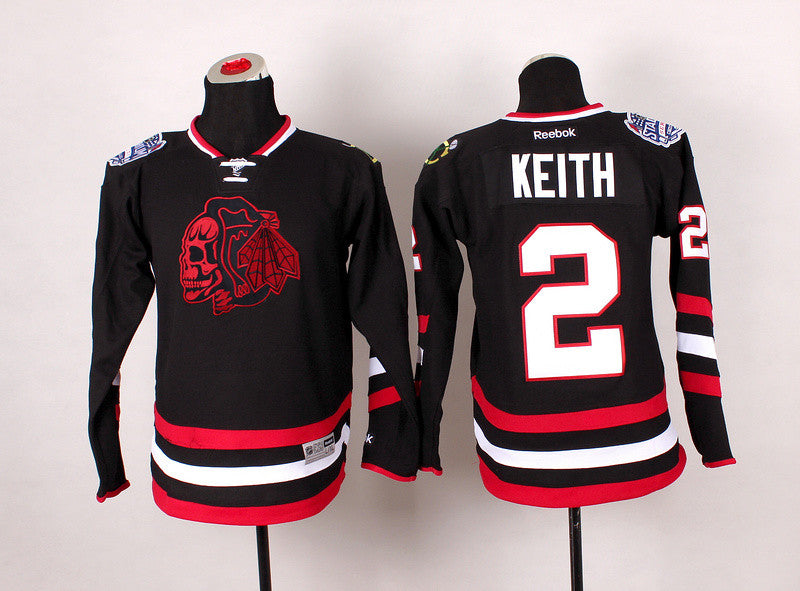 Blackhawks 2 Keith Black Youth Hockey Jersey(With Red Skull)