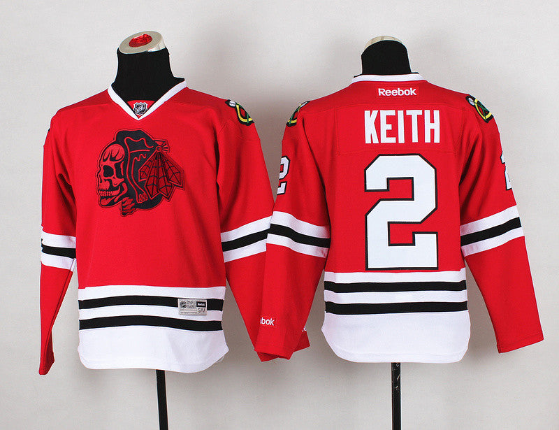 Blackhawks 2 Keith Red Youth Hockey Jersey(With Red Skull)