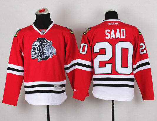 Blackhawks 20 Saad Red Youth Hockey Jersey(With White Skull)