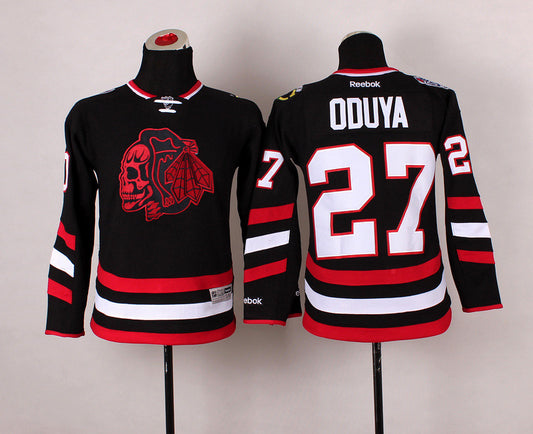 Blackhawks 27 Oduya Black Youth Hockey Jersey(With Red Skull)