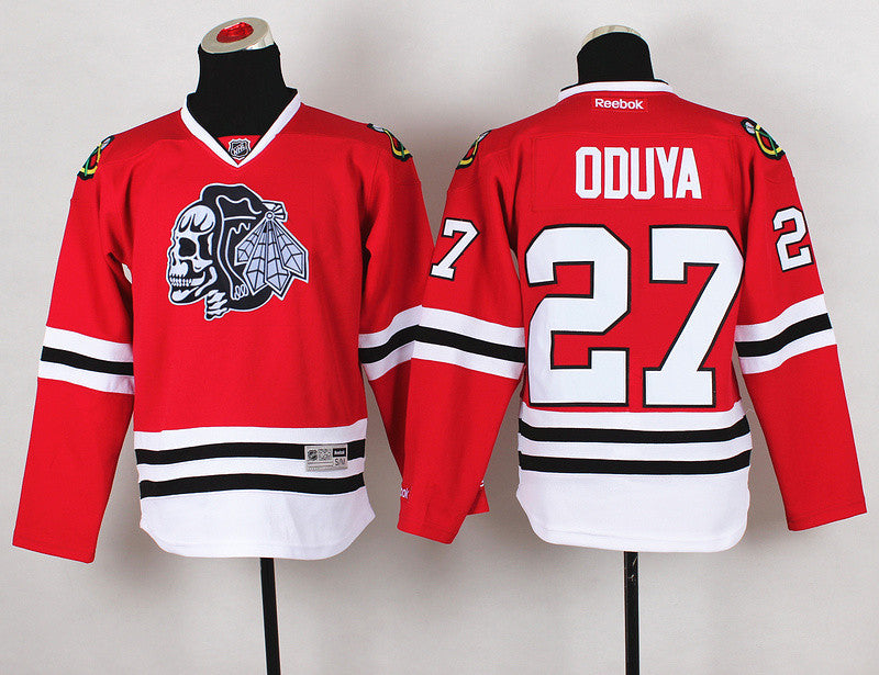 Blackhawks 27 Oduya Red Youth Hockey Jersey(With White Skull)