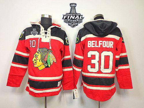 Blackhawks #30 ED Belfour Red Sawyer Hooded Sweatshirt 2015 Stanley Cup Stitched Hockey Jersey