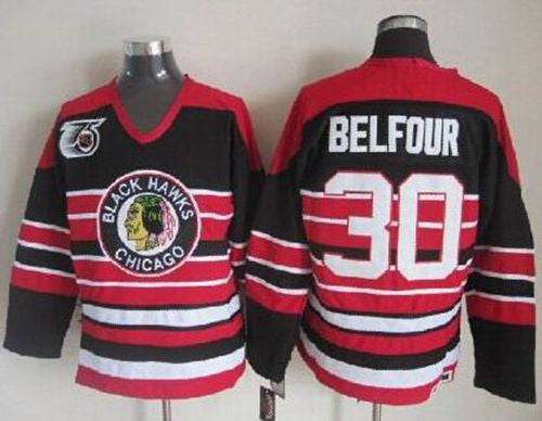 Blackhawks #30 ED Belfour Red/Black 75TH CCM Stitched Hockey Jersey