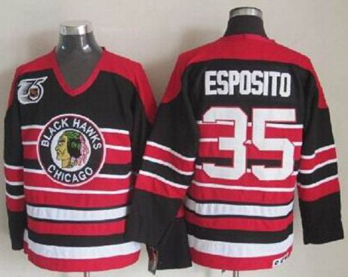 Blackhawks #35 Tony Esposito Red/Black 75TH CCM Stitched Hockey Jersey