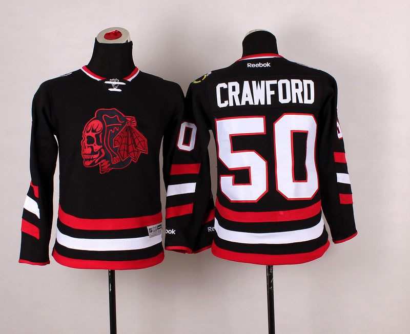 Blackhawks 50 Crawford Black Youth Hockey Jersey(With Red Skull)