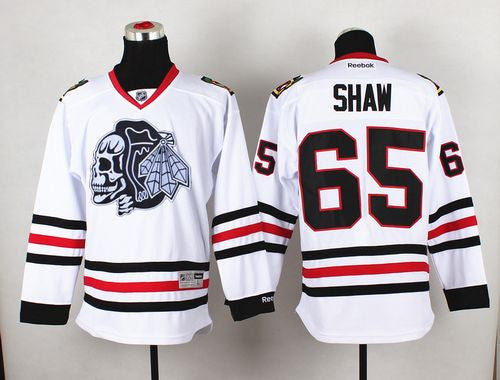 Blackhawks #65 Andrew Shaw White(White Skull) Stitched Hockey Jersey