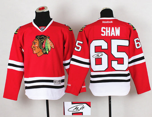 Blackhawks 65 Shaw Red Signature Edition Youth Hockey Jerseys