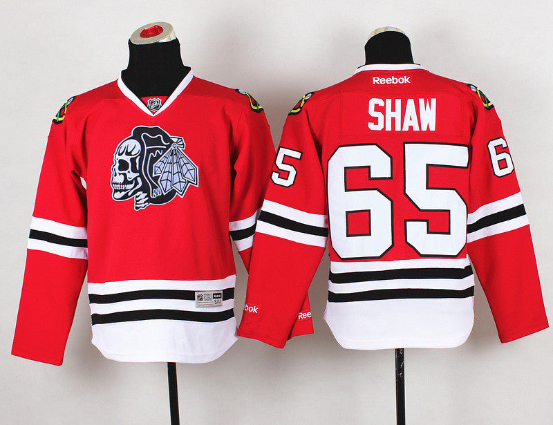 Blackhawks 65 Shaw Red Youth Hockey Jersey(With White Skull)