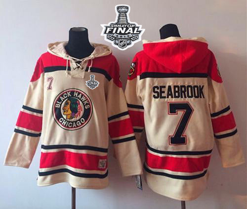 Blackhawks #7 Brent Seabrook Cream Sawyer Hooded Sweatshirt 2015 Stanley Cup Stitched Hockey Jersey