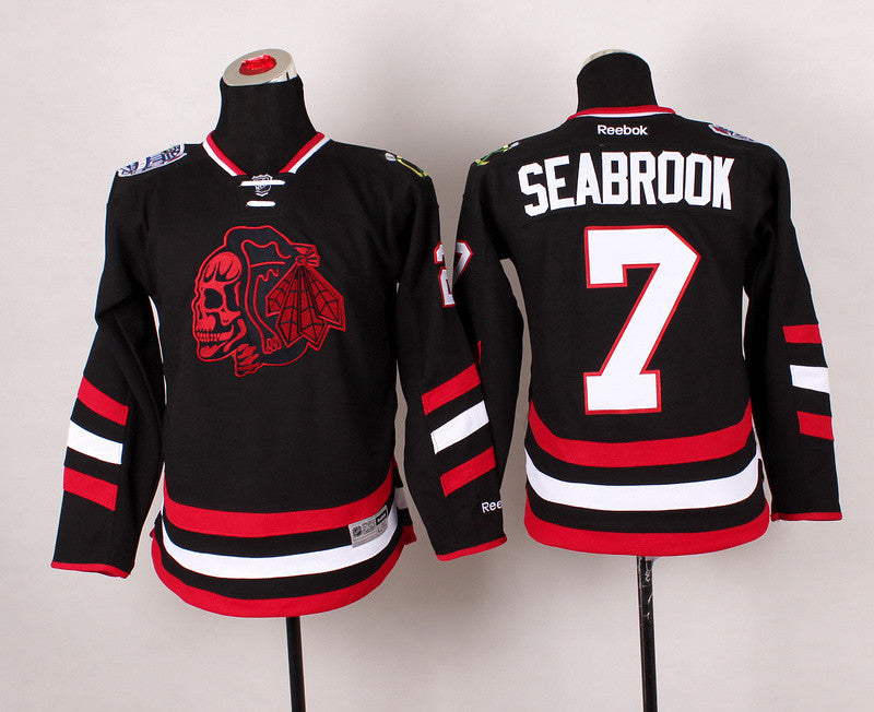 Blackhawks 7 Seabrook Black Youth Hockey Jersey(With Red Skull)