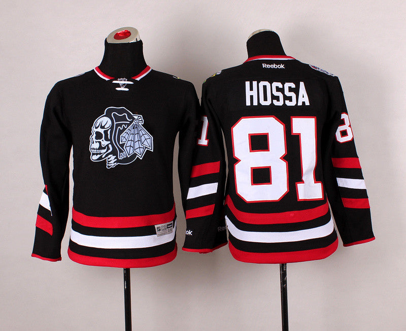 Blackhawks 81 Hossa Black Youth Hockey Jersey(With White Skull)