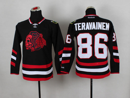 Blackhawks 86 Teravainen Black Youth Hockey Jersey(With Red Skull)