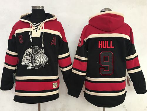 Blackhawks #9 Bobby Hull Black Sawyer Hooded Sweatshirt Stitched Hockey Jersey