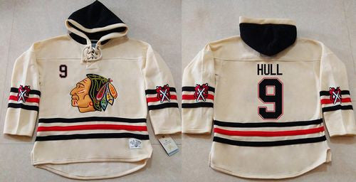 Blackhawks #9 Bobby Hull Cream Heavyweight Pullover Hoodie Stitched Hockey Jersey