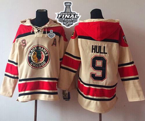 Blackhawks #9 Bobby Hull Cream Sawyer Hooded Sweatshirt 2015 Stanley Cup Stitched Hockey Jersey