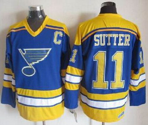 Blues #11 Brian Sutter Light Blue/Yellow CCM Throwback Stitched Hockey Jersey