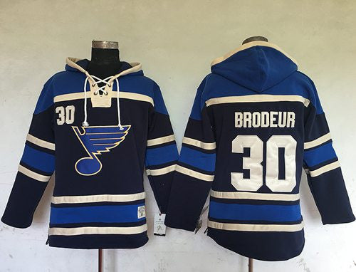 Blues #30 Martin Brodeur Navy Blue Sawyer Hooded Sweatshirt Stitched Hockey Jersey