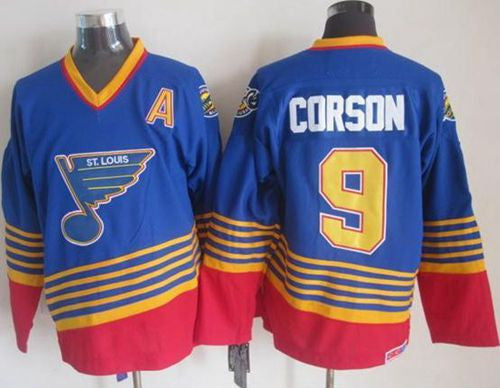 Blues #9 Shayne Corson Light Blue/Red CCM Throwback Stitched Hockey Jersey