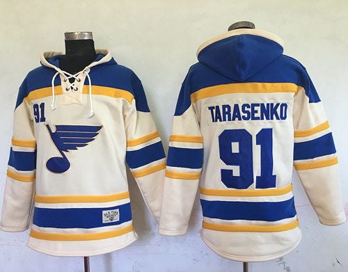 Blues #91 Vladimir Tarasenko Cream Sawyer Hooded Sweatshirt Stitched Hockey Jersey