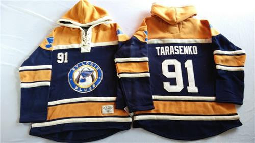 Blues #91 Vladimir Tarasenko Navy Blue/Gold Sawyer Hooded Sweatshirt Stitched Hockey Jersey