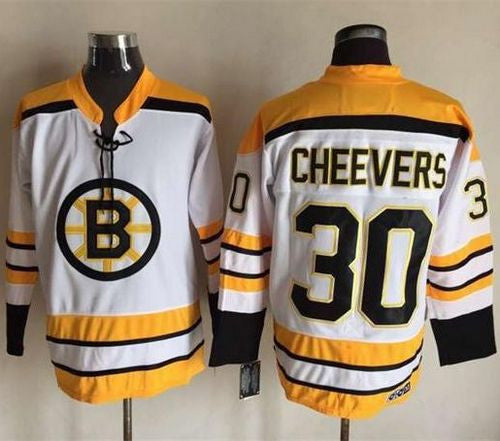 Bruins #30 Gerry Cheevers White CCM Throwback Stitched Hockey Jersey