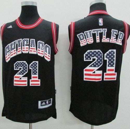 Bulls #21 Jimmy Butler Black USA Flag Fashion Stitched Basketball Jersey