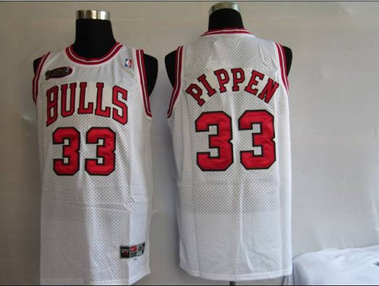 Bulls #33 Scottie Pippen Stitched White Champion Patch Basketball Jersey