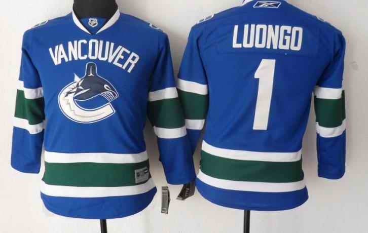 Canucks 1 R.Luongo Blue Youth Hockey Jersey