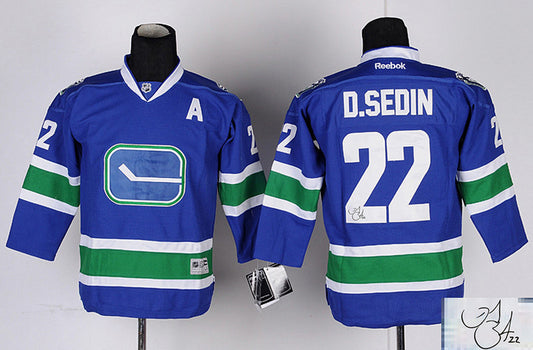 Canucks 22 D.Sedin Blue Third Signature Edition Youth Hockey Jerseys