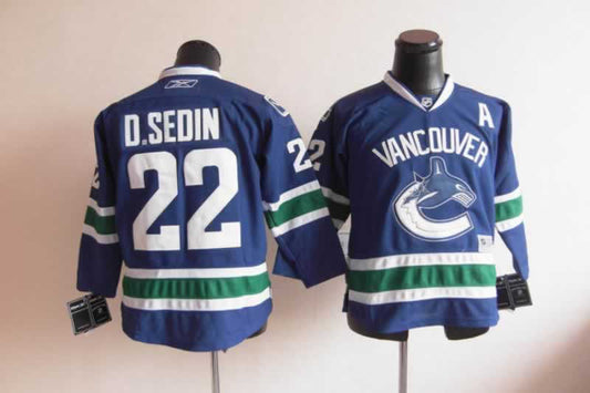 Canucks 22 D.Sedin Blue Youth Hockey Jersey