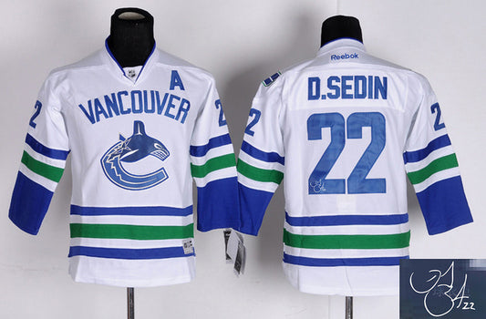 Canucks 22 D.Sedin White Signature Edition Youth Hockey Jerseys