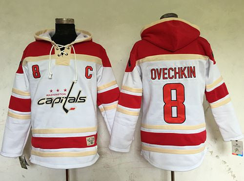 Capitals #8 Alex Ovechkin White Sawyer Hooded Sweatshirt Stitched Hockey Jersey