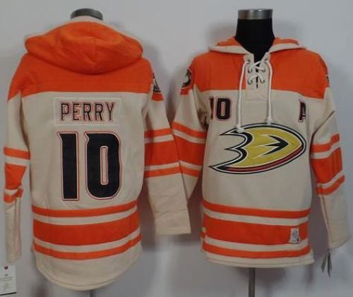 Ducks #10 Corey Perry Cream/Orange Sawyer Hooded Sweatshirt Stitched Hockey Jersey