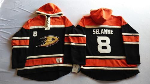 Ducks #8 Teemu Selanne Black Sawyer Hooded Sweatshirt Stitched Hockey Jersey