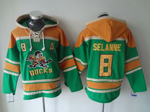 Ducks #8 Teemu Selanne Green Sawyer Hooded Sweatshirt Stitched Hockey Jersey