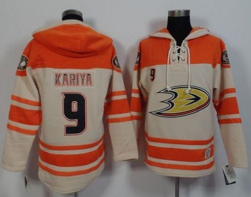 Ducks #9 Paul Kariya Cream/Orange Sawyer Hooded Sweatshirt Stitched Hockey Jersey