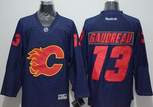 Flames #13 Johnny Gaudreau Navy Blue Denim Stitched Hockey Jersey