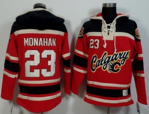 Flames #23 Sean Monahan Red/Black Sawyer Hooded Sweatshirt Stitched Hockey Jersey