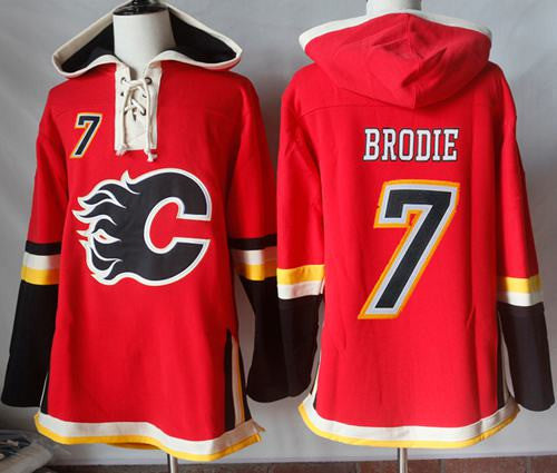 Flames #7 TJ Brodie Red Sawyer Hooded Sweatshirt Stitched Hockey Jersey