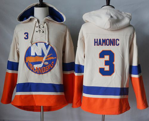 Islanders #3 Travis Hamonic Cream Sawyer Hooded Sweatshirt Stitched Hockey Jersey