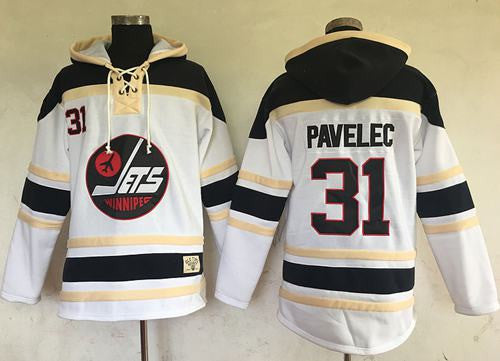 Jets #31 Ondrej Pavelec White Sawyer Hooded Sweatshirt Stitched Hockey Jersey