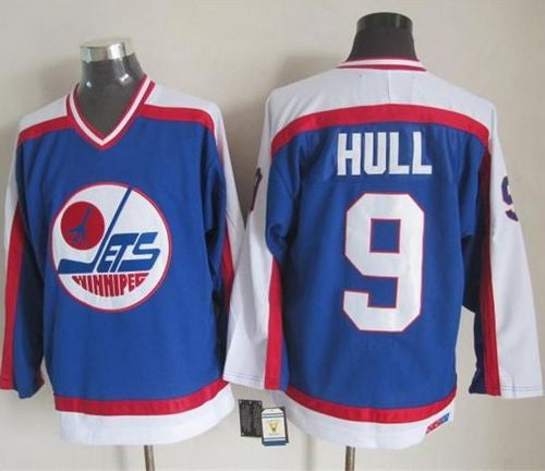 Jets #9 Bobby Hull Blue/White CCM Throwback Stitched Hockey Jersey