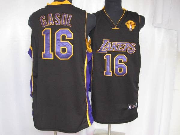 Lakers #16 Pau Gasol Stitched Black Purple Number Final Patch Basketball Jersey