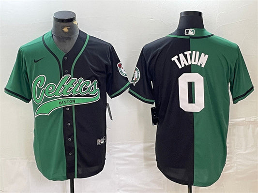 Men's Boston Celtics #0 Jayson Tatum Green/Black Split Stitched Baseball Basketball Jersey