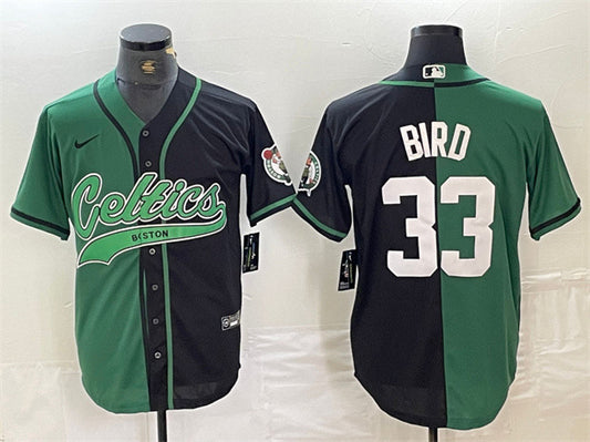 Men's Boston Celtics #33 Larry Bird Green/Black Split Stitched Baseball Basketball Jersey