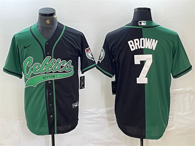 Men's Boston Celtics #7 Jaylen Brown Green/Black Split Stitched Baseball Basketball Jersey